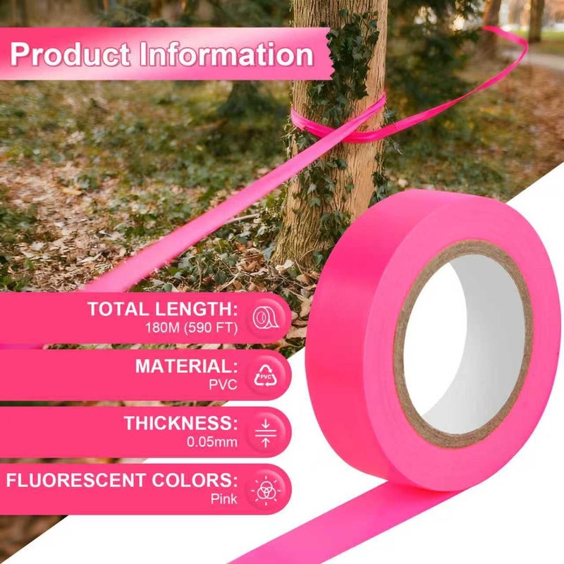 Rindion 6 Rolls Pink Flagging Tape, 0.7in X 98.4ft(Total 590.4ft) Non-Adhesive Neon Marking Tape, Plastic Survey Ribbon Rolls for Location Marking, Cable Bundling, Tree Labeling, Hunting, Construction Sites - Image 2